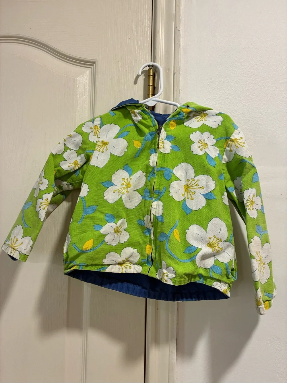 Sears Vintage Girls Green Floral Hooded Jacket - White & Blue Size 4
